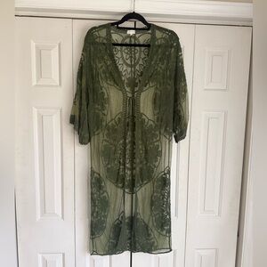 Everleigh Women’s Green Boho Lace Kimono Duster OliveGreen Size Large